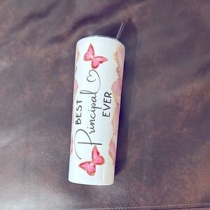 Best Principal Ever Tumbler White and Pink Tumbler with Butterfly Design